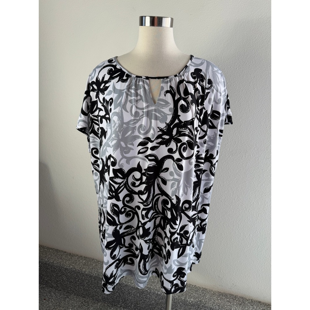 Susan Graver Womens Plus 3X Liquid Knit Tunic Top Floral Short Sleeve Blouse‎